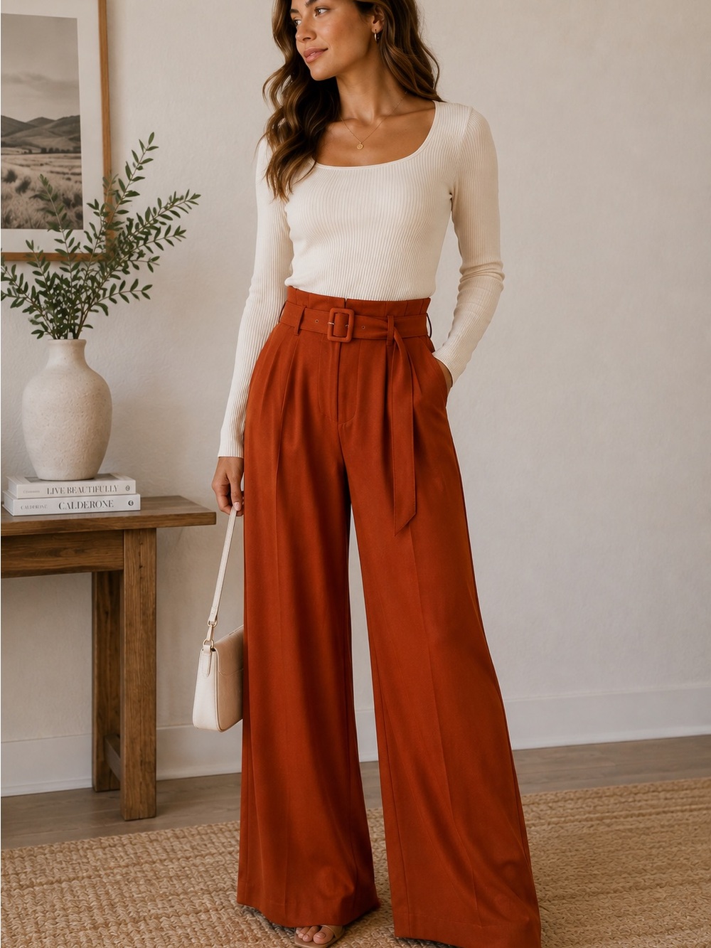 A New Day Rust Orange High Rise Belted Wide Leg Pants Size 8
